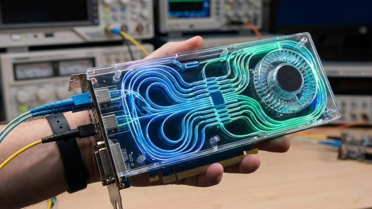 تصميم لشريحة إلكترونية ضوئية تظهر مسارات نقل الضوء